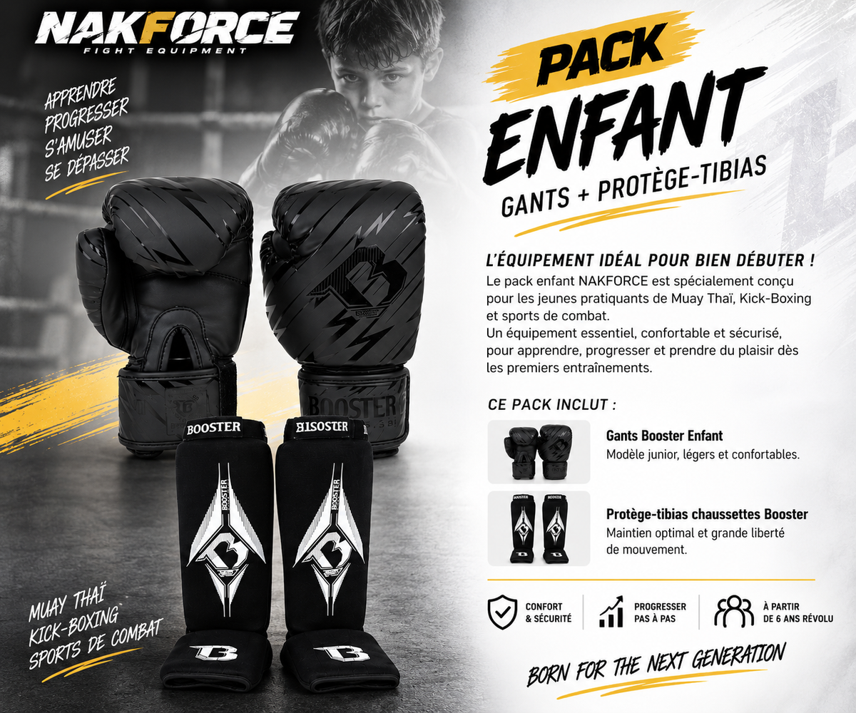 Pack Débutant Muay Thaï Enfant – Gants + Protège-tibias