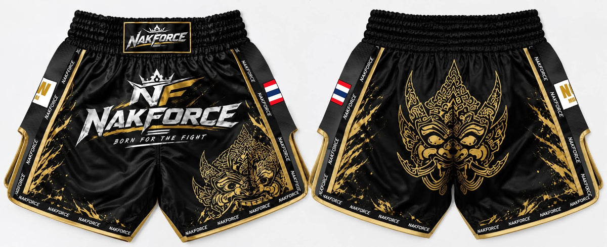 Short Muay Thaï NAKFORCE – Noir/Or & Blanc/Or